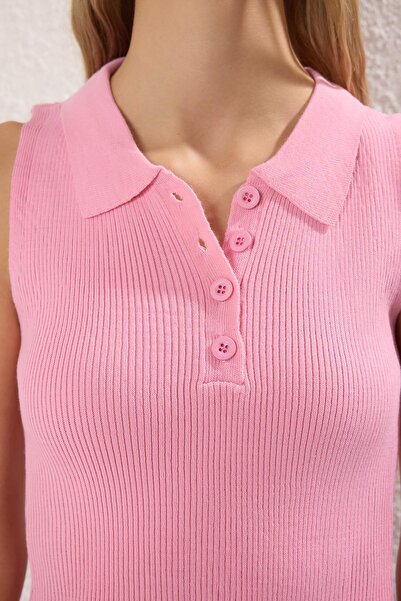 Trendyol Collection Ροζ Πόλο Λαιμόκοψη Πλεκτό Λεπτή Μπλούζα TWOSS25BZ00331