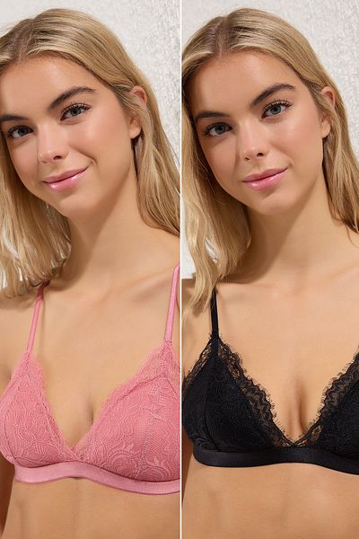 Trendyol Collection Black-Dusty Rose 2 Pack Lace String Strap Unfilled Unwired Covered Bralette Knitted Bra Thmss24Su00016