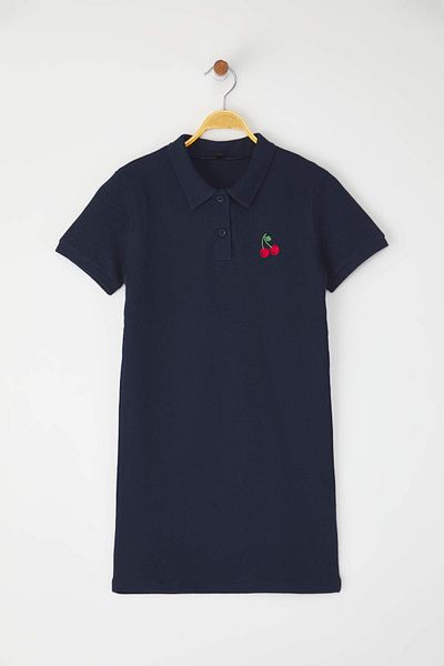 TRENDYOLKIDS Námořnická modrá dívčí 100% bavlna Ovocný vyšívaný polo límec krátké pletené šaty TKDSS25EL00085