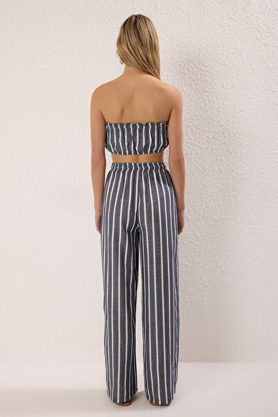 Trendyol Collection Sötétkék csíkos Midi szőtt pamut strandblúz nadrágkosztüm TBESS25AU00111