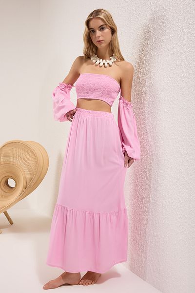 Trendyol Collection Pink Woven Strapless Balloon Sleeve Beach Blouse Skirt Suit Tbess25Au00082