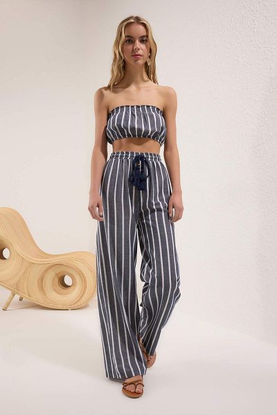 Trendyol Collection Navy Blue Striped Midi Woven Flared Cotton Beach Blouse Pants Suit Tbess25Au00111