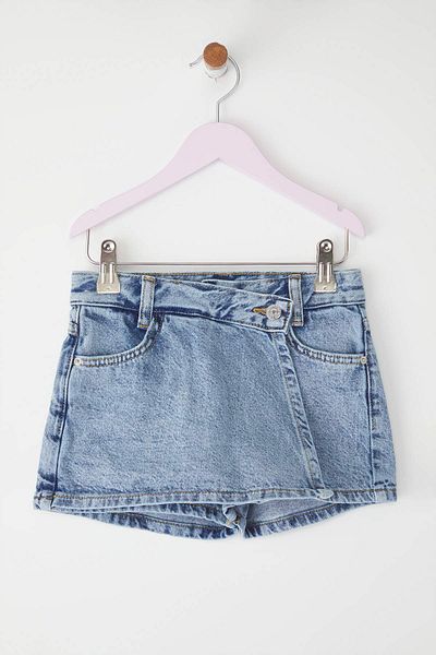 TRENDYOLKIDS Fusta scurtă din denim asimetrică din bumbac pentru fete albastru închis TKDSS25ET00006