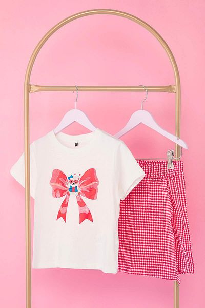 TRENDYOLKIDS Fuchsia Female Child 100% Cotton Heart Printed Short Sleeve Skirted Knitted Top-Bottom Suit Tkdss25Au00151
