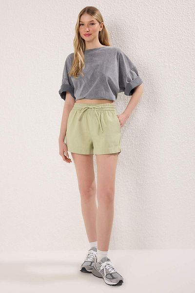 Trendyol Collection Khaki High Waist Elastic City Boy Denim Shorts Twoss25Sr00215