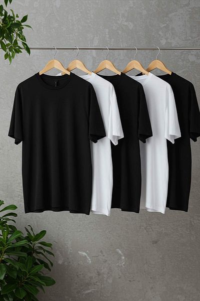 Trendyol Collection 3 Μαύρο-2 Λευκό μπλουζάκι Fish 5 τεμαχίων κανονική εφαρμογή 100% βαμβάκι
