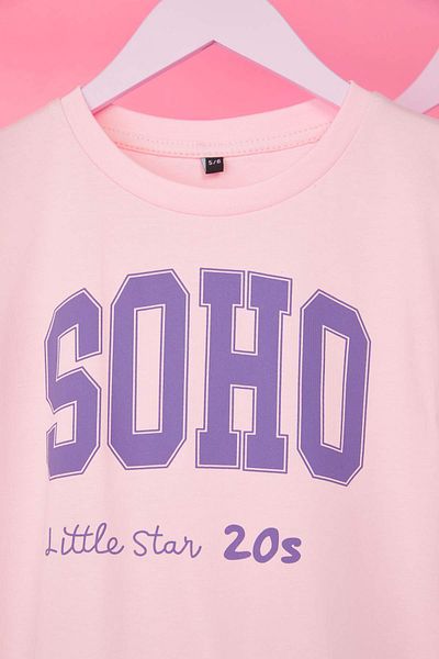 TRENDYOLKIDS Pink Girl 100% Cotton Slogan Printed Short Sleeve Knitted Bottom-Top Suit Tkdss25Au00144