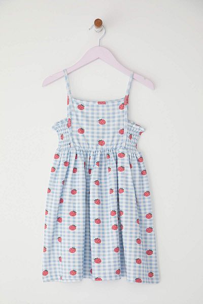 TRENDYOLKIDS Rochie tricotată de sărbători scurtă pentru femei, 100% bumbac, cu bretele imprimate cu căpșuni TKDSS25EL00079