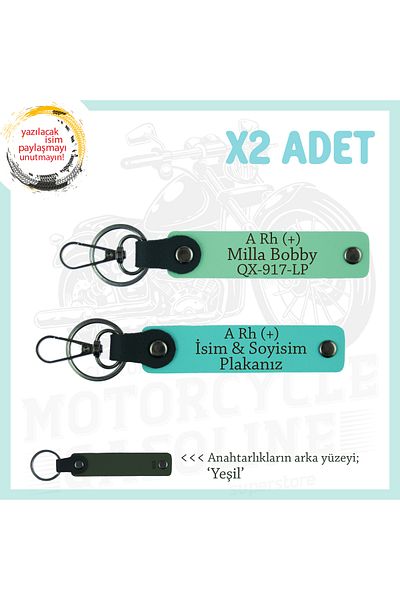 miawiki Set of 2 Keychains with Name Plate and a Rh (+) Blood Group Written, Green-Turquoise-Ysl, Special for Motor Lovers
