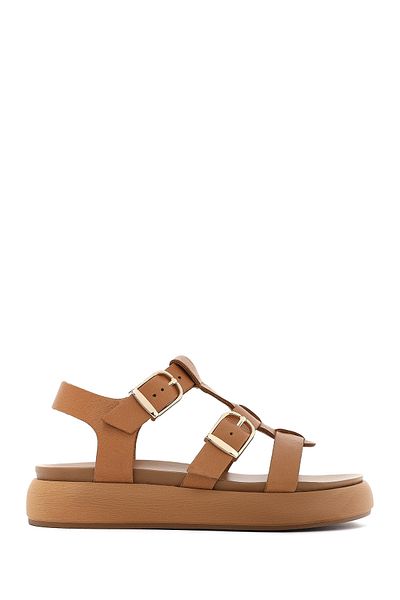 Derimod Women's Tan Buckle Thick Soled Leather Sandals 25Sfd550318