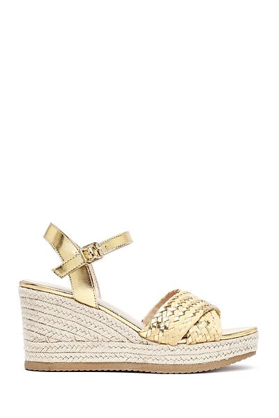 Derimod Women's Gold Ankle Buckle Braided Wedge Heeled Espadrille Sandals 25Sfe482614