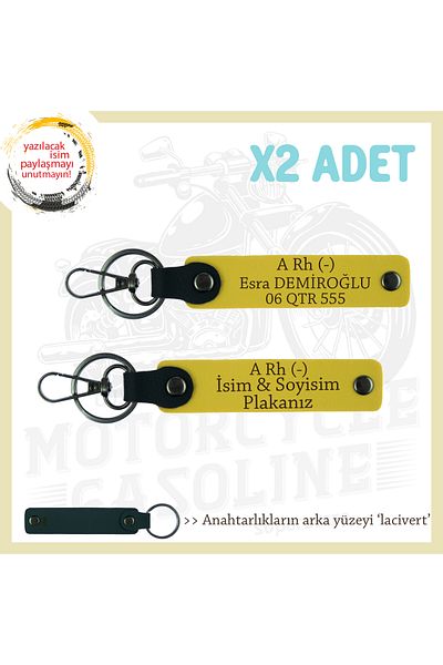 Miaju Biker Style, Custom Meaningful Gift X2 Keychain with Name Plate and a Rh (-) Blood Type Lettering, Yellow-Navy
