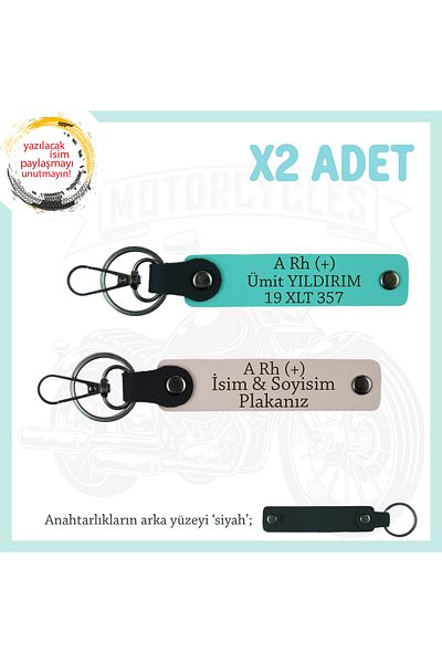miawiki Leather X2 Keychain, Powder-Turquoise-Syh, Custom Name Plate for Biker Passengers a Rh (+) Blood Group Written