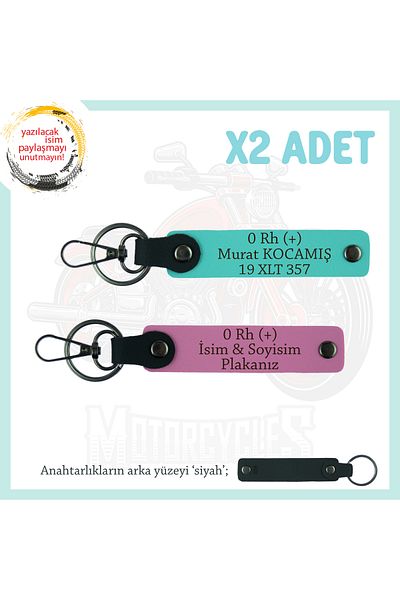 miawiki 2 Keychains, Pink-Turquoise-Syh, for Motorcycle Courier, with Name Plate and 0 Rh (+) Blood Group Written