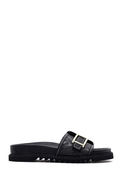 Derimod Women's Black Buckle Leather Slippers 25Sfd230218