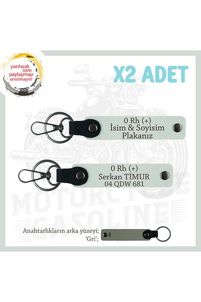 Miaju Gift Leather X2 Keychain Set with Name Plate and 0 + Blood Type Written, Suitable for Motor Style, White-Gr