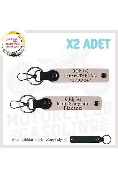 miawiki Set, Pudra-Syh, Leather X2 Keychain with Name Plate for Motorcycle Adventurers and 0 Rh (+) Blood Group Written