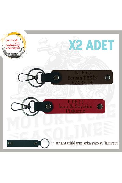 Miaju Motorcycle Lovers, 2-Piece Keychain with Name Plate and B Rh (-) Blood Type Written, Red-White-Navy