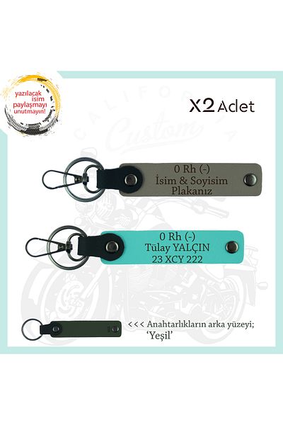 miawiki Set of 2 Keychains with Name Plate and 0 Rh (-) Blood Group Written, Ash Grey-Turquoise-Ysl, Special for Biker Style