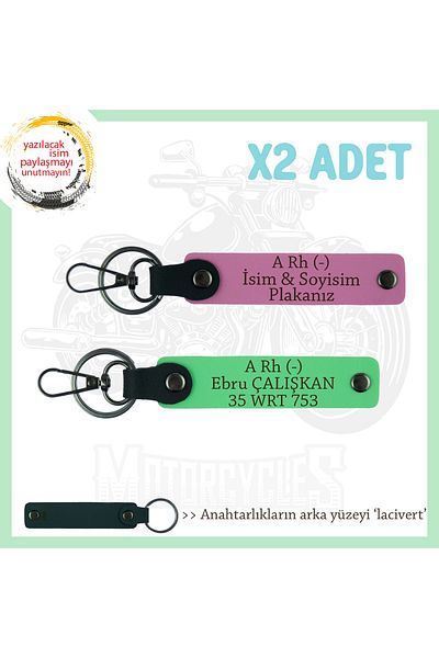 miawiki Leather X2 Keychain, Pink-F Green-Navy, Speed Freaks Custom Name Plate a Rh (-) Blood Type Written
