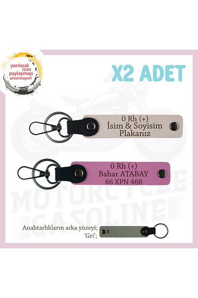 miawiki Design Leather 2-Keychain, Powder-Pink-Gr, Special for Motor Lovers, Name Plate and 0 Rh (+) Blood Group