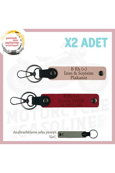 miawiki Name Plate and B Rh (+) Written Leather X2 Keychain, Yavruağzı-Red-Gr, Biker Special for Your Loved Ones