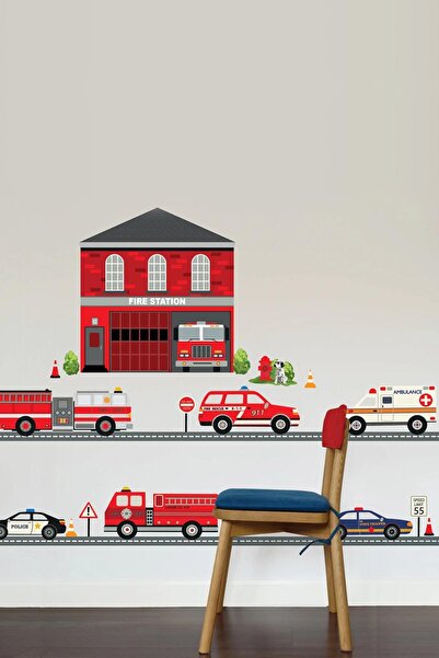 KT Decor Set de autocolante de perete pentru camera băieților cu stația de pompieri și vehicule