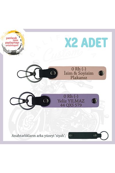 miawiki X2 Leather Keychain, Yavruağzı-Purple-Syh, Special Name Plate for Motor Lovers and 0 Rh (-) Blood Group Written