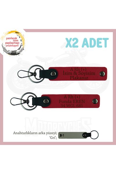 Miaju Motorcycle Adventurers, Gift Keychain Set with Name Plate and Lettering a Rh + Blood Type, Red-Gr