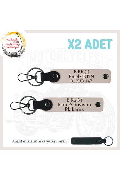 miawiki Set, Pudra-Syh, Leather X2 Keychain with Name Plate and B Rh (-) Blood Group Written for Motorcycle Adventurers