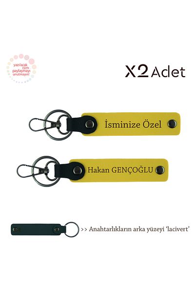 Miaju Cousin New Year's Gift, Set of 2 Keychains with Name and Surname, Yellow-Navy Blue