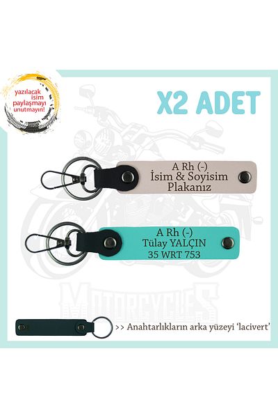 miawiki A Rh (-) Blood Group Written Leather X2 Keychain, Powder-Turquoise-Laci, Custom Name Plate for Biker Passengers