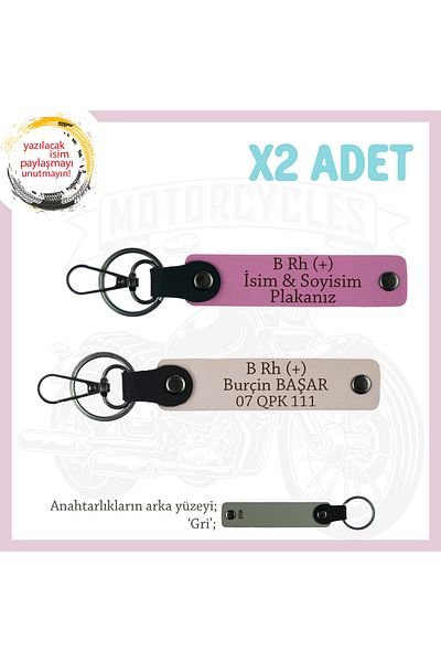miawiki Design Leather 2-Key Chain, Powder-Pink-Gr, Special for Motor Lovers, Name Plate and B Rh (+) Blood Group