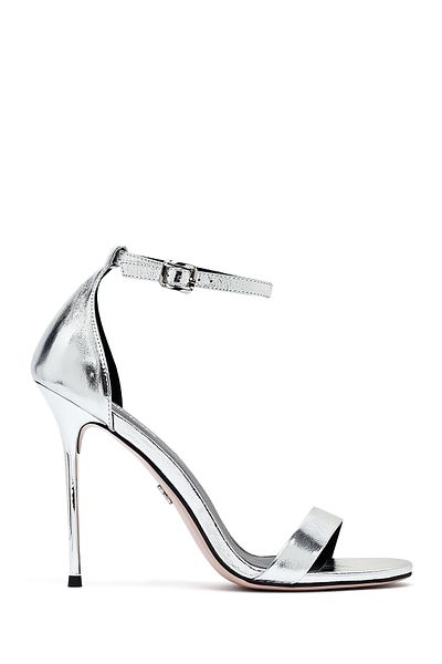 Derimod Women's Silver Ankle Buckle High Thin Heeled Metallic Leather Sandals 25Sfd494532