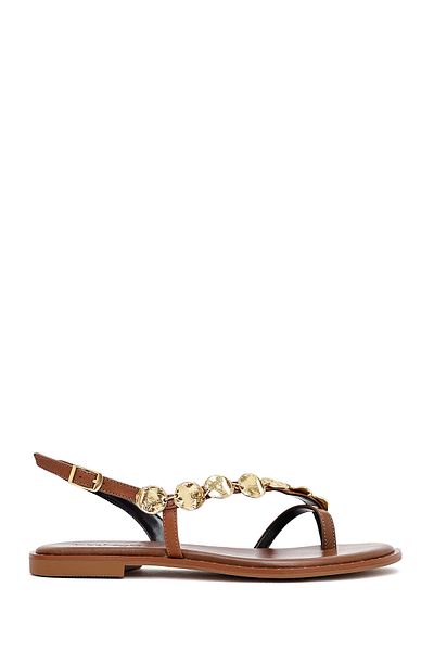 Derimod Women's Brown Metal Detailed Flip Flop Leather Sandals 25Sfd483214
