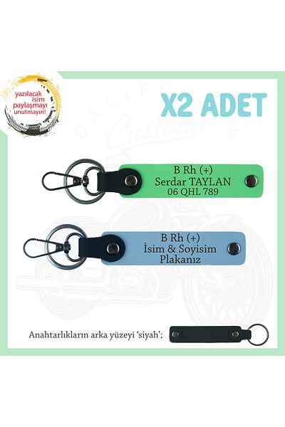 miawiki Keychain with Motor X2, Blue-F Green-Syh, Written to Biker Friends, Name Plate and B Rh (+) Blood Group