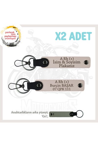 miawiki Set, Powder-Gr, Leather X2 Keychain with Name Plate and a Rh (+) Blood Group Written for Motorcycle Adventurers