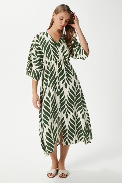 Ritnice Women's Isabel Green Ecru Double Breasted Viscose Dress with Elastic Waist Slit