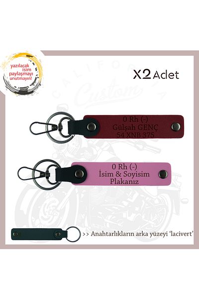miawiki Leather X2 Keychain, Pink-Burgundy-Navy, Gift for the Stylish Owner with Name Plate and 0 Rh (-) Blood Group Written