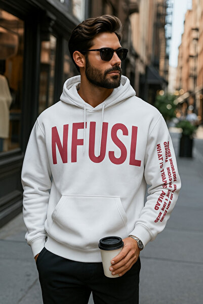 Zuzu Hoodie NFUSL Oversize Beyaz Baskılı Unisex Kapüşonlu Sweatshirt