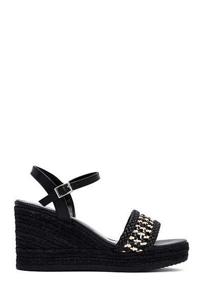 Derimod Women's Black Ankle Buckle Braided Wedge Heeled Espadrille Sandals 25Sfe482729