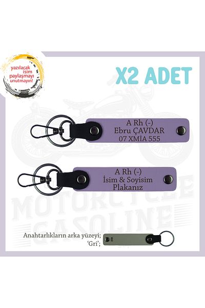 Miaju Motor Enthusiasts, Custom Production X2 Keychain with Name Plate and A- Blood Type, Armağan, Purple-Gr