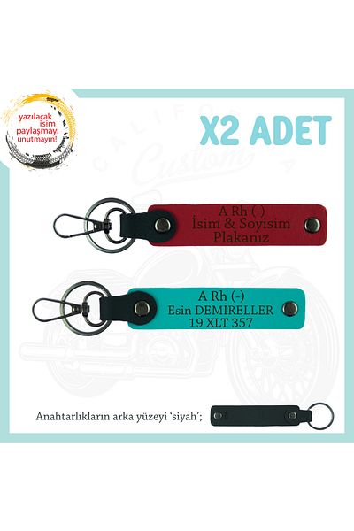 Miaju Motorcycle Rider Style Special, Name Plate and a Rh (-) Blood Type Lettering X2 Keychain, Red-K Turquoise-Syh