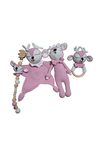 EL SANATLARI Örgü Pembe Geyik Emzik Zinciri Çıngırak Patik Uyku Arkadaşı 5li Set
