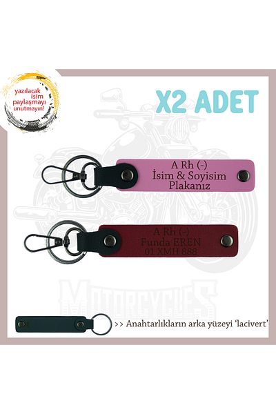 miawiki Leather X2 Keychain, Pink-Burgundy-Navy, Gift for the Stylish Owner with Name Plate and a Rh (-) Blood Group Written