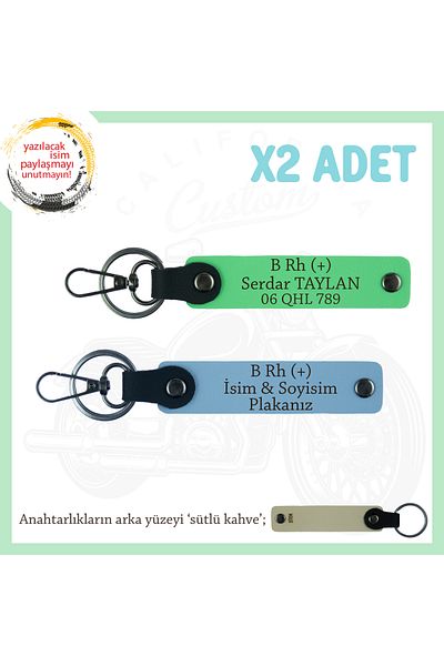 miawiki Keychain with Motor X2, Blue-F Green-Sk, Written Biker Friends, Name Plate and B Rh (+) Blood Group
