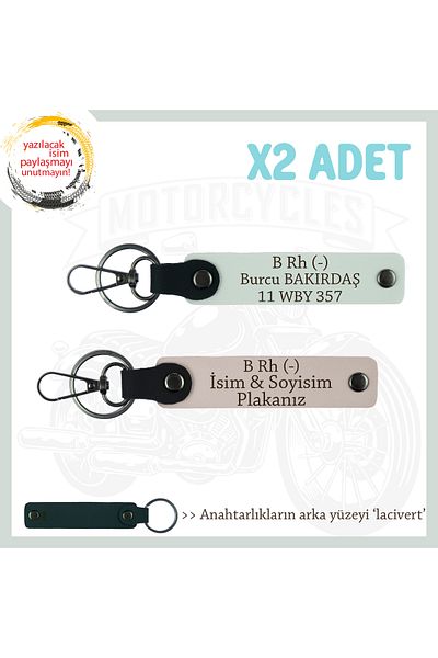 miawiki Leather 2-Key Chain, Powder-White-Laci, Special Name Plate for Motorcyclists and B Rh (-) Blood Group Written
