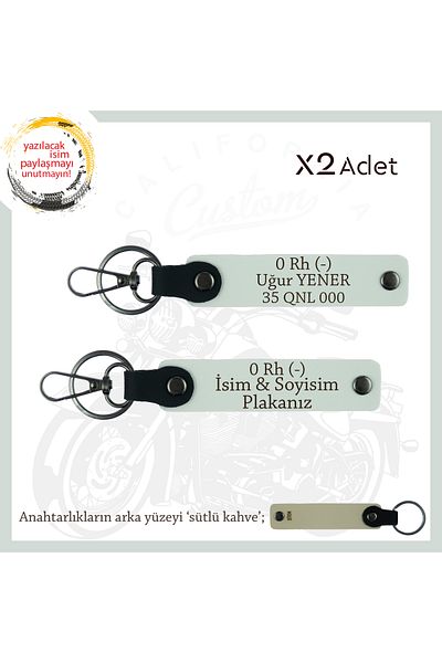 Miaju Emergency X2 Leather Keychain Set with Nameplate and 0 - Blood Type Lettering to Match Biker Style, White-Sk