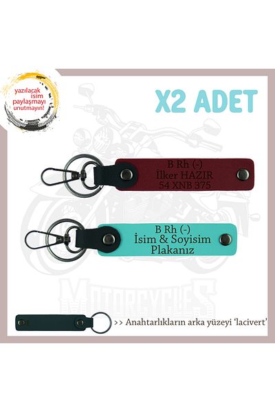 miawiki 2 Keychains with Name Plate and B Rh (-) Blood Group Written, Turquoise-Burgundy-Navy, Special for Motor Enthusiasts