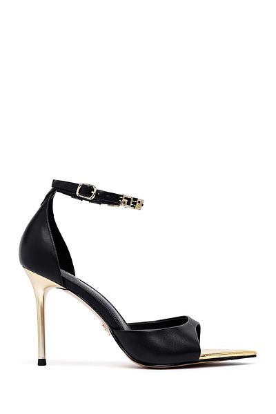 Derimod Women's Black Ankle Buckle Thin Heeled Leather Sandals 25Sfd494818